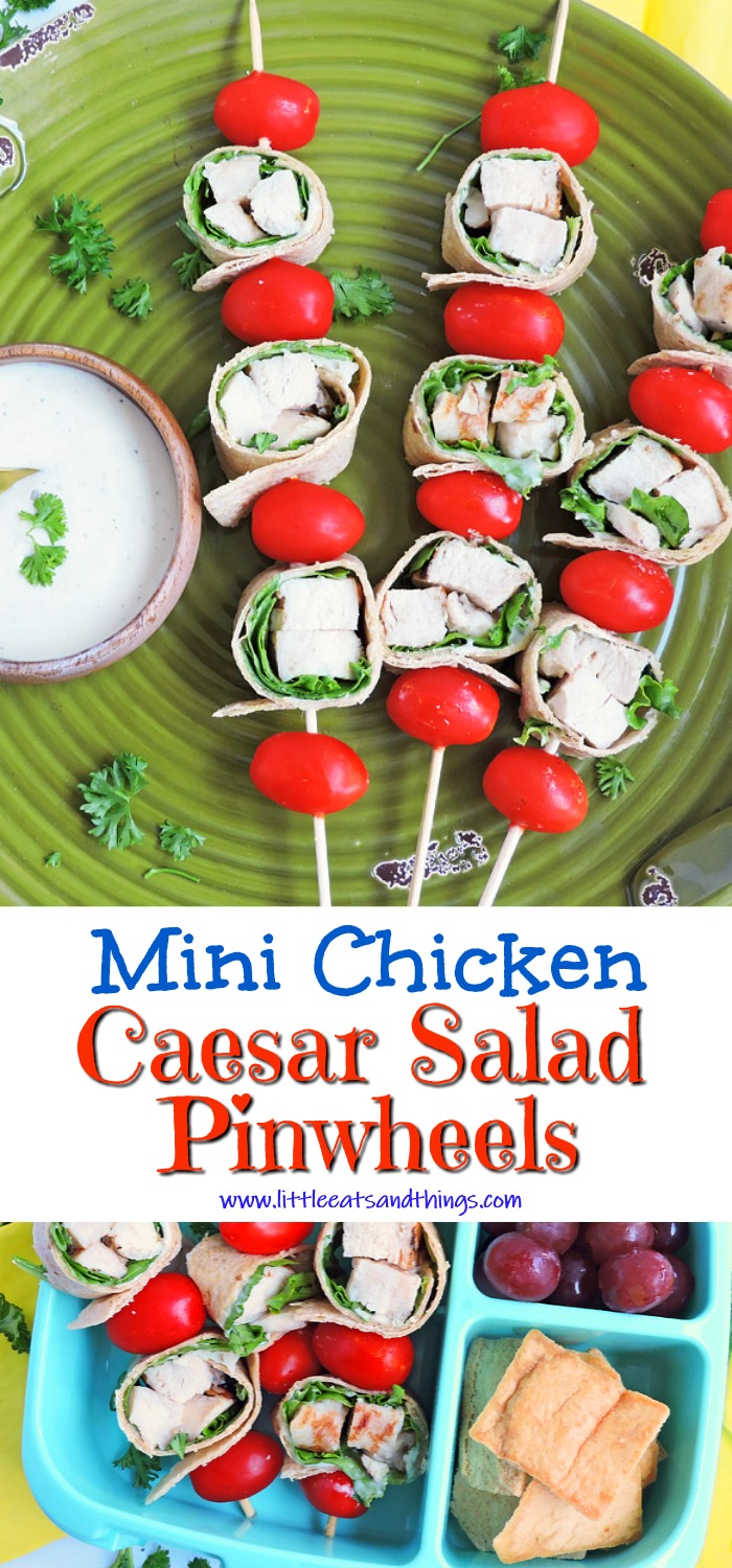 Mini Chicken Caesar Salad on a wooden skewer with cherry tomatoes littleeatsandthings.com