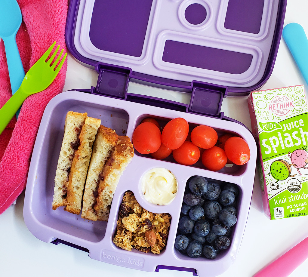 school lunchbox ideas in purple bentgo lunchbox with unicorns