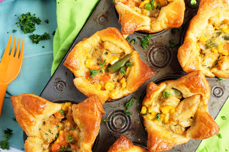 5-Ingredient Mini Chicken Ranch Pot Pies made with Pillsbury crescent dough in muffin tins