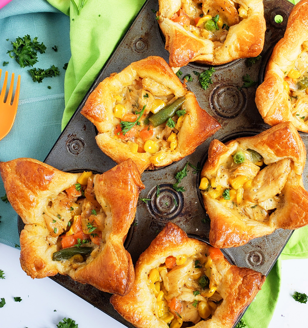 5-Ingredient Mini Chicken Ranch Pot Pies made with Pillsbury crescent dough in muffin tins