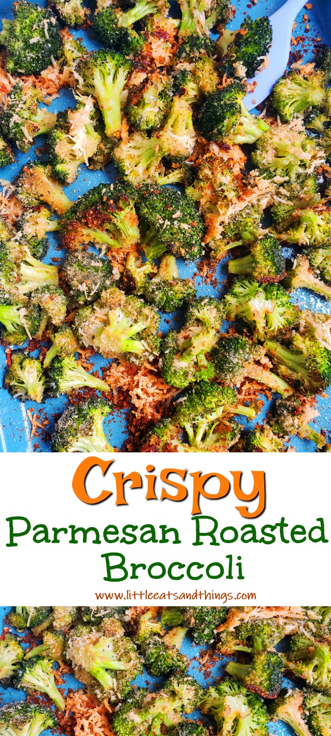 Quick & Easy Parmesan Roasted Broccoli on a blue sheet pan