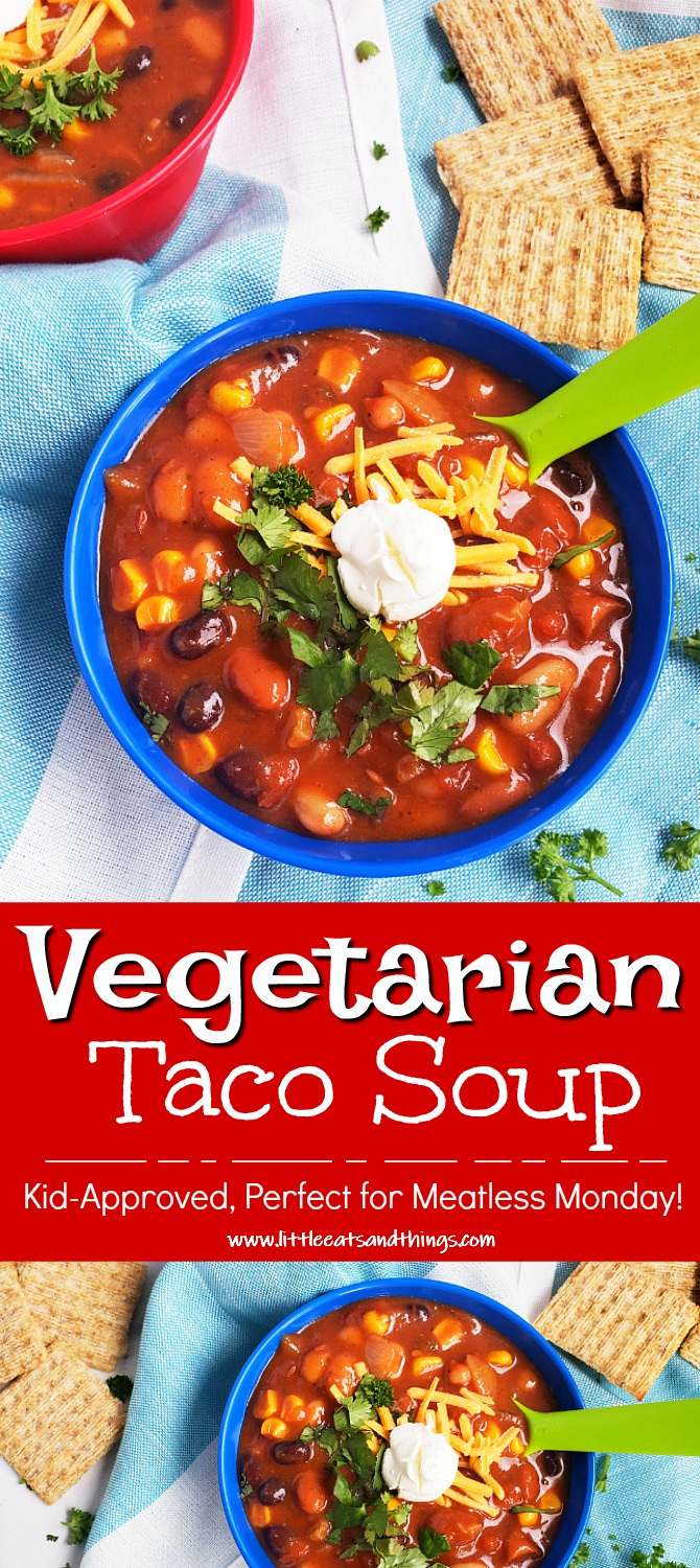 Simple Vegetarian Taco Soup, the perfect meatless meal, topped with green onion, cheese, and sour cream, served in a kid-friendly blue bowl with a green spoon. #tacosoup #vegetarianmeals #plantbasedkids #plantbasedmeals #plantbasedkidmeals