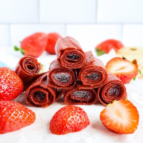 These 3-Ingredient Homemade Strawberry Fruit Roll-Ups are such an easy, healthy, and delicious way to make your very own fruit leather…. without any fancy equipment! Easy Healthy Strawberry Fruit Snacks. #fruitleather #strawberryfruitsnacks #fruitrollup #healthysnacksforkids littleeatsandthings.com