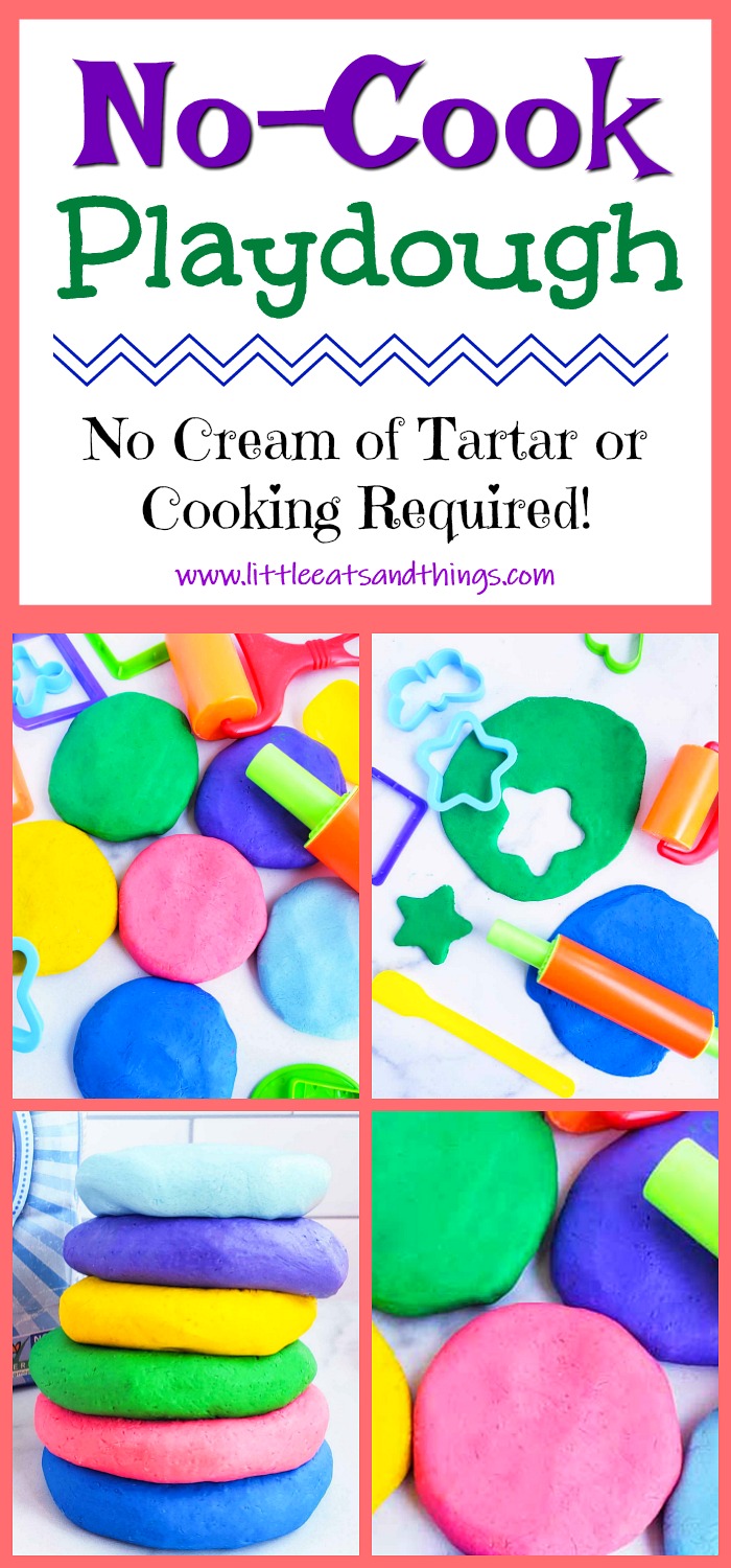 Easy No-Cook DIY Playdough, made with no cream of tartar, and no cooking required. The easiest playdough recipe ever. Different color playdough and utensils. #sensoryactivities #indooractivitiesforkids #indooractivities #homemadeplaydough #playdoh