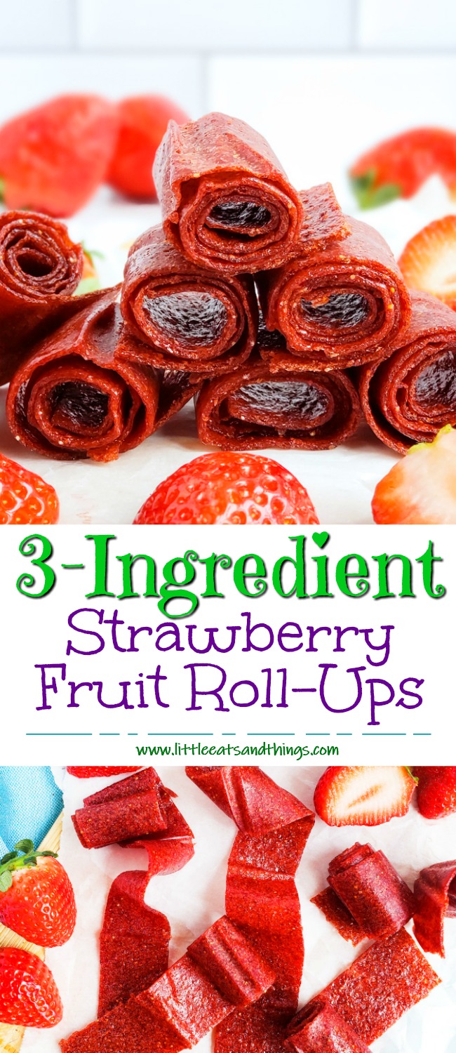 These 3-Ingredient Homemade Strawberry Fruit Roll-Ups are such an easy, healthy, and delicious way to make your very own fruit leather…. without any fancy equipment! Easy Healthy Strawberry Fruit Snacks. #fruitleather #strawberryfruitsnacks #fruitrollup #healthysnacksforkids littleeatsandthings.com 