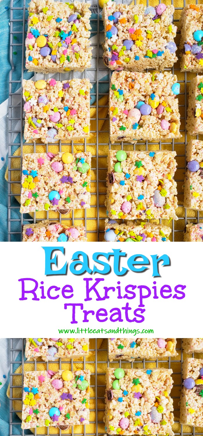 The Best Easter Rice Krispies Treats made with M&Ms, Cadbury eggs, and sprinkles. Cut into squares on a wire rack. The perfect Spring treats