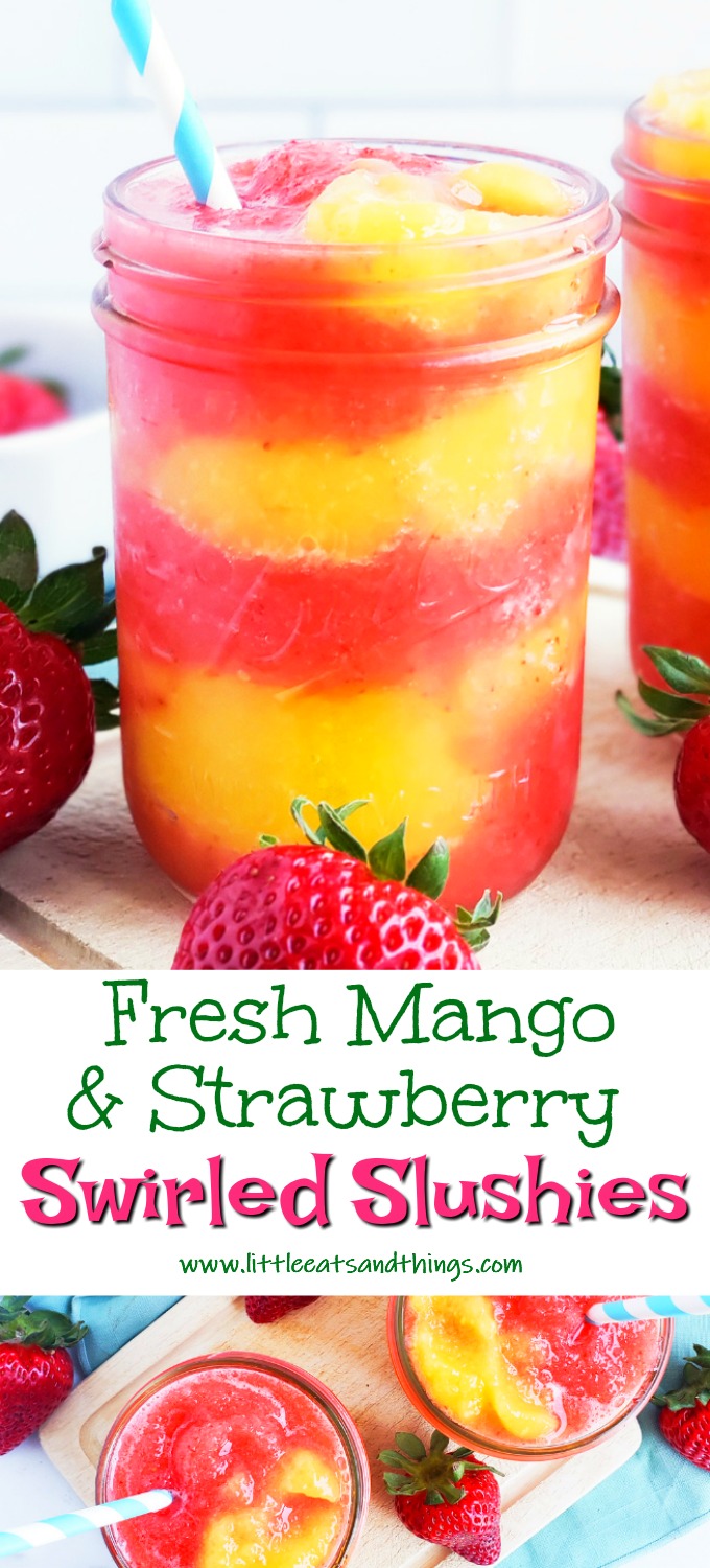 Fresh Mango Strawberry Swirled Slushies. Summer is almost here, so let’s celebrate with these Fresh Mango Strawberry Swirled Slushies, made with fresh mangos (mangoes) and strawberries, and sweetened with a touch of honey. #slush #slushies #fruitslushies #frozentreats #healthytreatsforkids #kidapproved littleeatsandthings.com