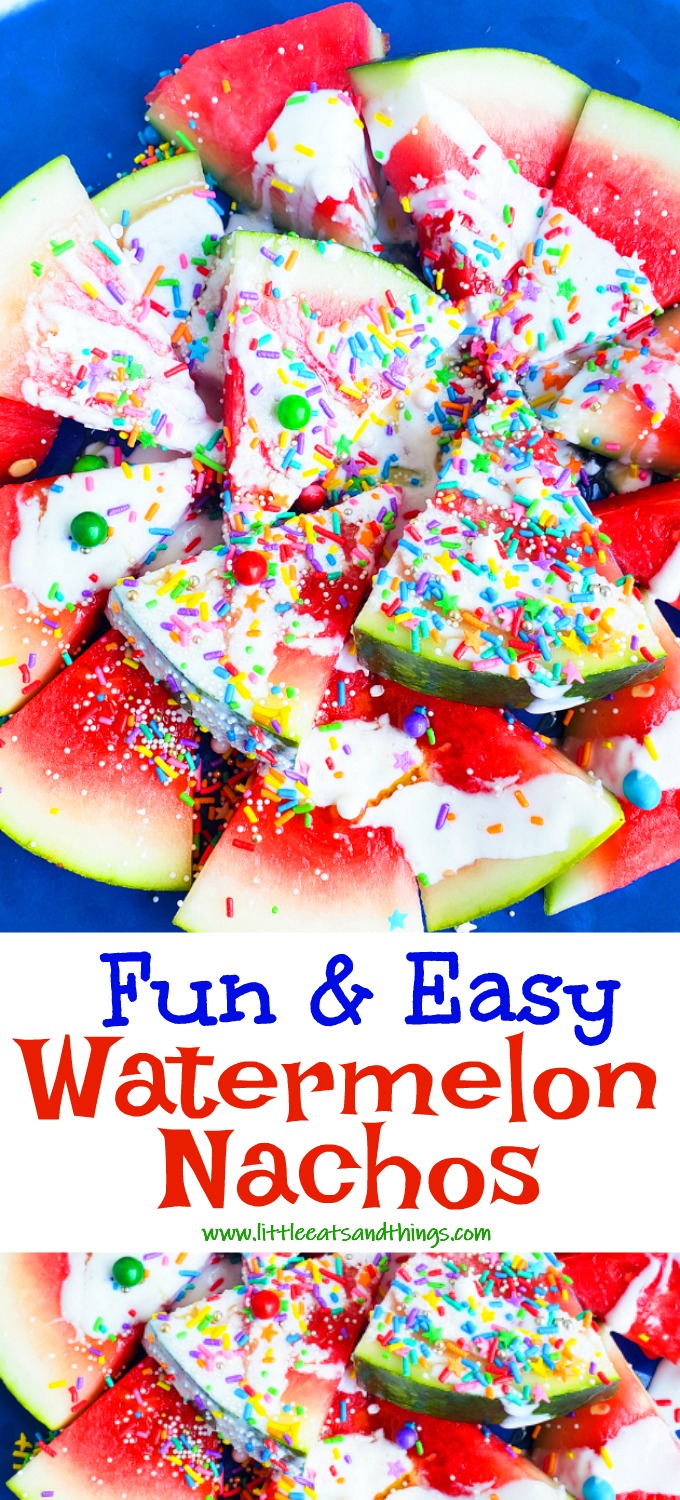 Fun & Easy Sweet Watermelon Nachos made with vanilla Greek yogurt, honey, and sprinkles. The perfect summer treat, also great for the 4th of July. Littleeatsandthings.com