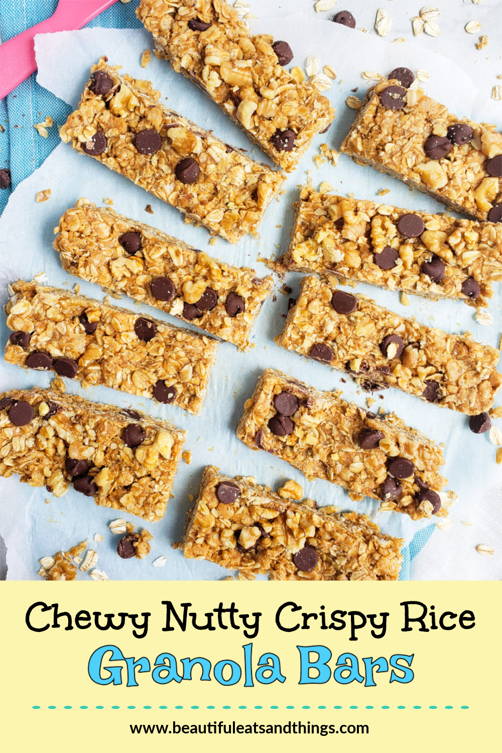 Chocolate, peanut butter, oats, Rice Krispies and honey are some of the great ingredients that make these delicious Chewy Nutty Crispy Rice Granola Bars. They are the perfect after school snack. Littleeatsandthings.com