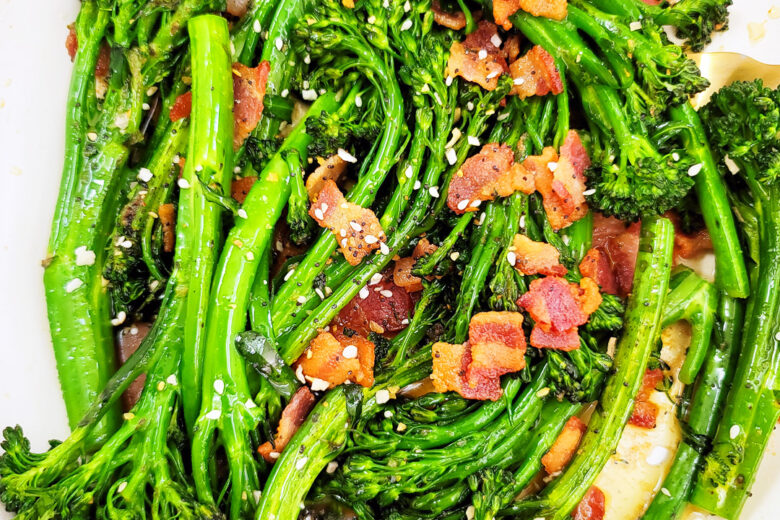 This Garlicky Sautéed Broccolette or Broccolini with Bacon recipe is simple to make, and a delicious accompaniment to any holiday menu. littleeatsandthings.com