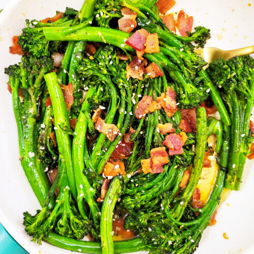 This Garlicky Sautéed Broccolette or Broccolini with Bacon recipe is simple to make, and a delicious accompaniment to any holiday menu. littleeatsandthings.com