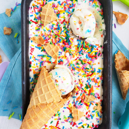 Beat the heat with this delicious, cool No Churn Confetti Ice Cream. Funfetti No Churn Ice Cream made with 3 ingredients in a loaf pan with sprinkles on top. littleeatsandthings.com