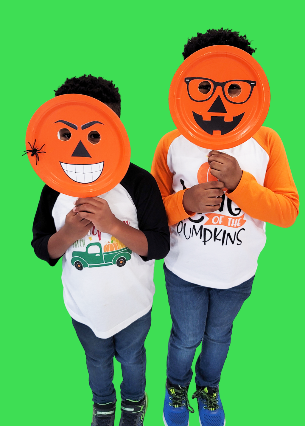 DIY Halloween Pumpkin Masks made with orange Paper Plates and cut out faces littleeatsandthings.com