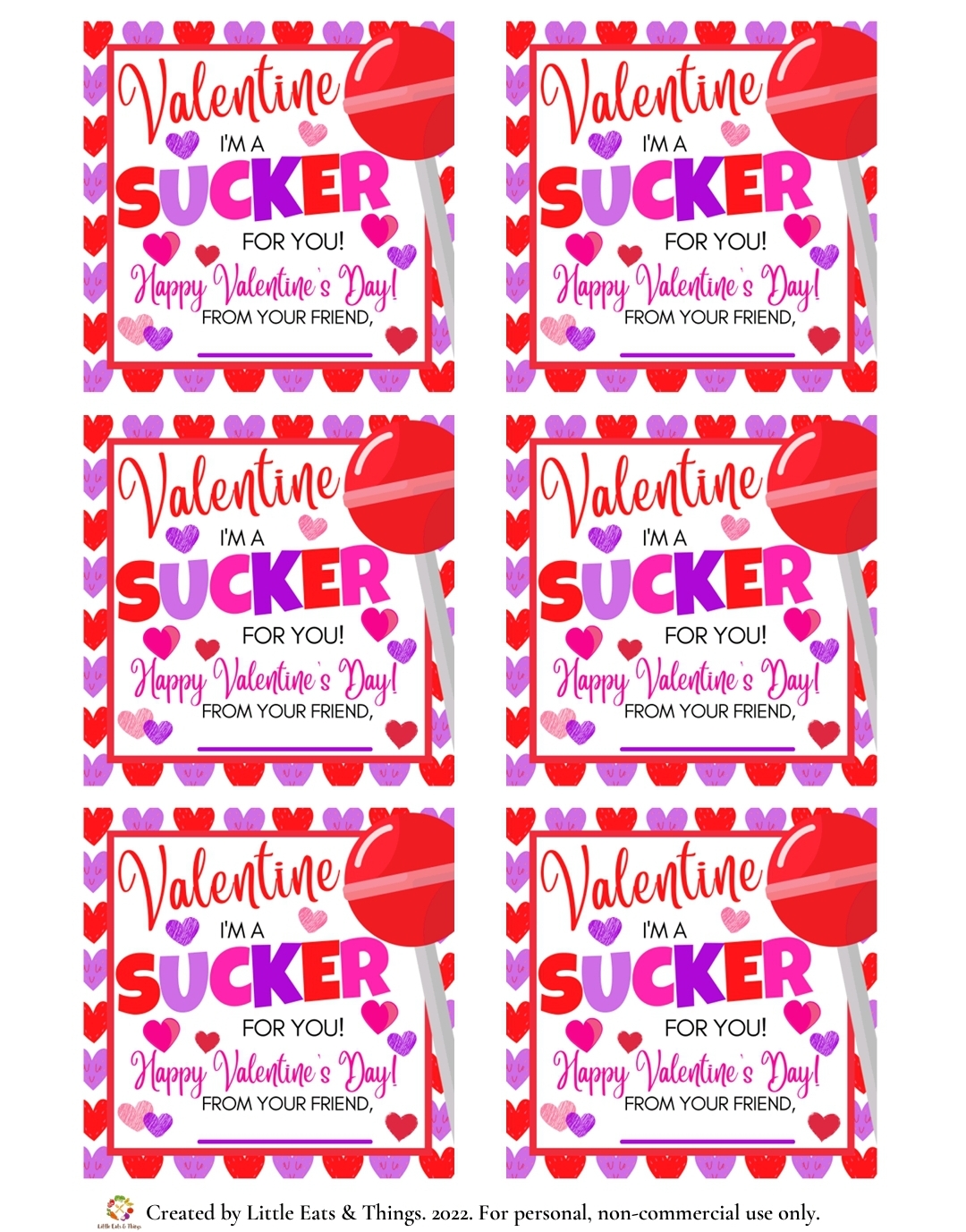 I’m a Sucker for You DIY Valentine’s Day Cards, FREE Printable Valentine's Day Cards  littleeatsandthings.com