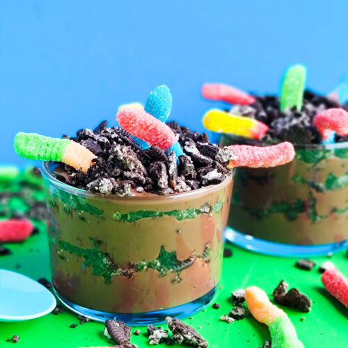 Dirt & Worm Pudding Parfaits for Earth Day, made with chocolate pudding, Oreo cookies, and gummy worms littleeatsandthings.com