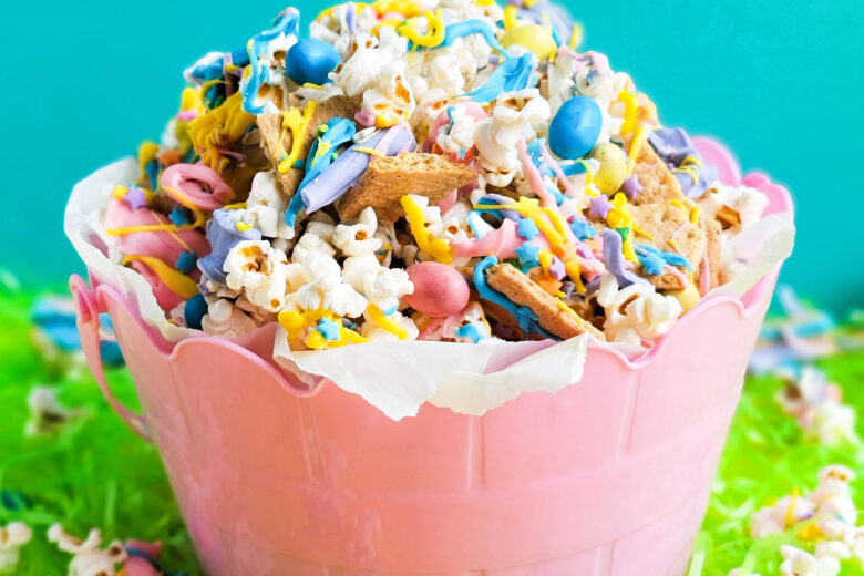 Easy Easter Popcorn with White Chocolate & Mini Eggs, purple, yellow, pink, and blue white chocolate beautifuleatsandthings.com