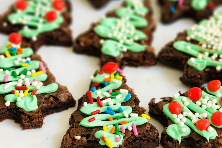 Easy Christmas Tree Brownies, decorated on a white plate littleeatsandthings.com