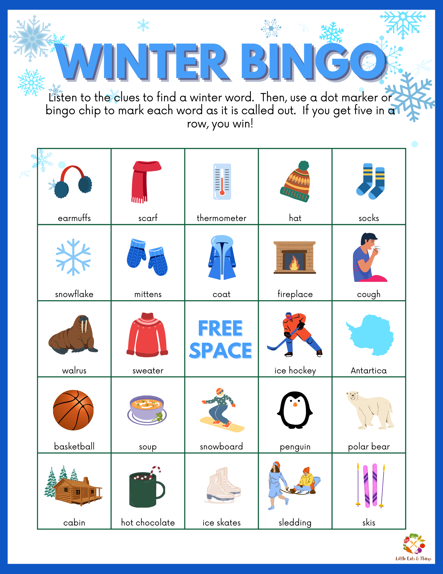 Winter Bingo game pack for kids, parents, and teachers. free printables littleeatsandthings.com