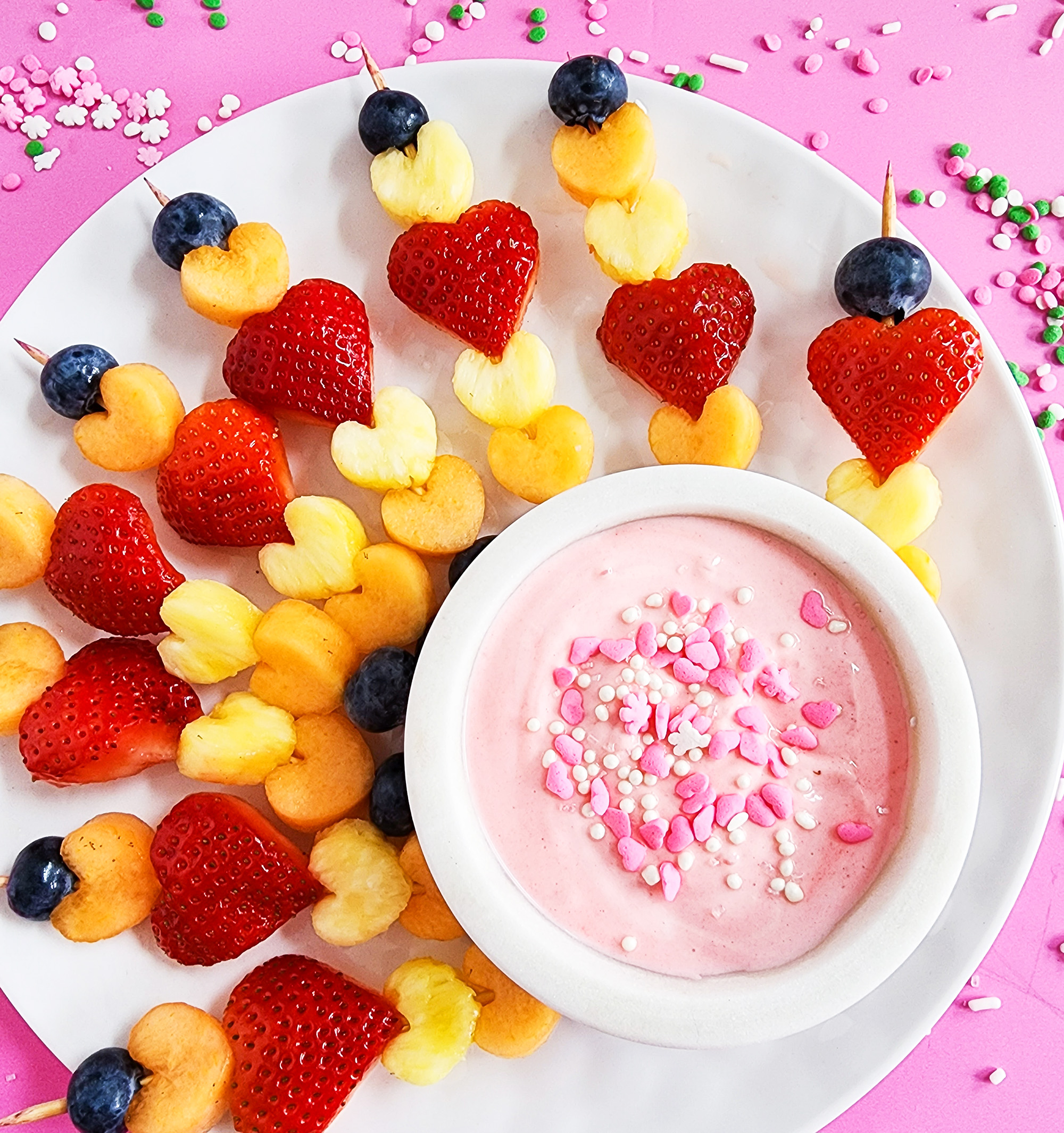 Heart-Shaped Fruit Skewers with Yogurt Dip